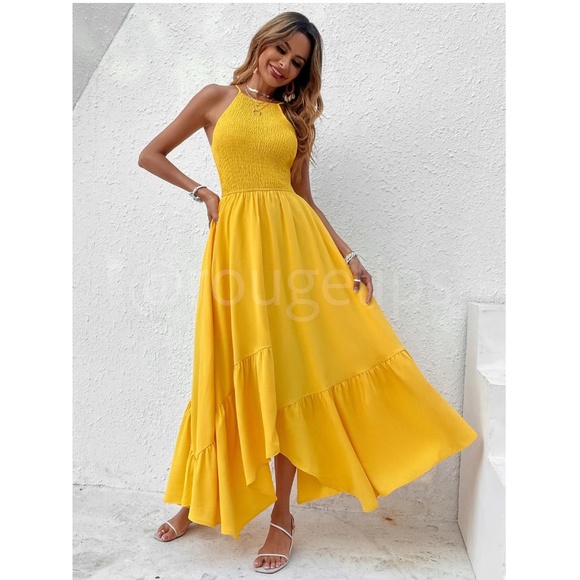 Shirred Cami Yellow Flared Maxi Long Dress Asymmetrical Hem - Picture 4 of 14